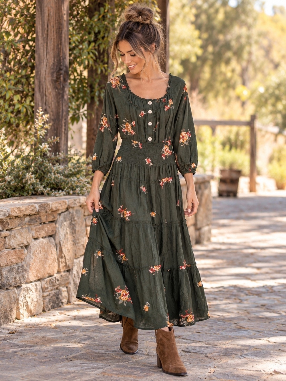 Anthropologie Fig and Flower Embroidered Floral Olive Boho Prairie Maxi Dress L